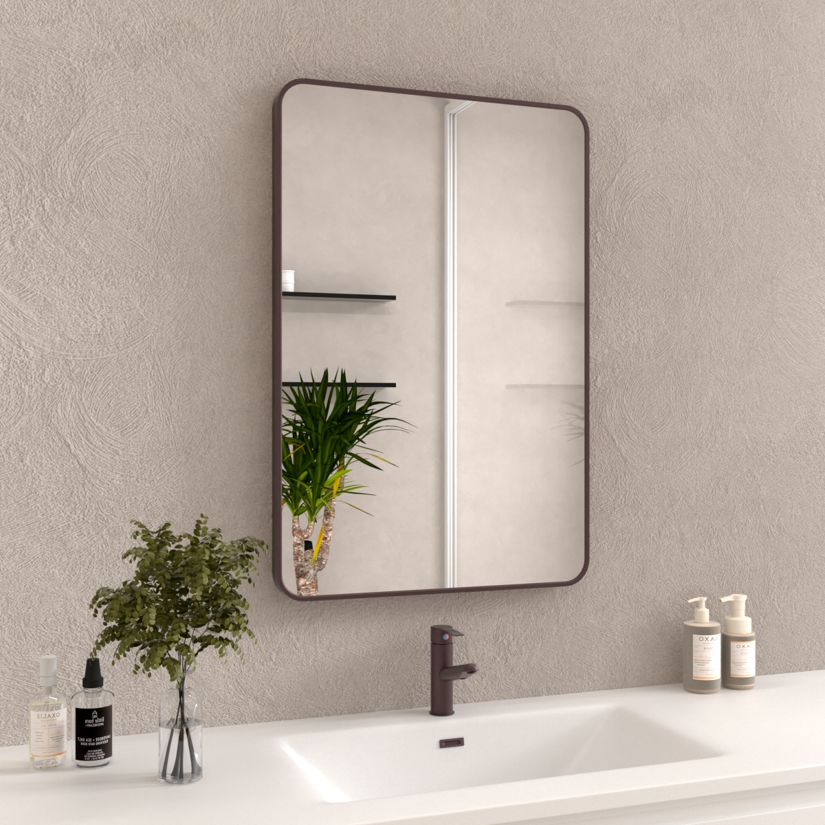 24x36 In. Aluminum Framed Rounded Rectangle Bathroom Wall Mirror, Oil Rubbed Bronze Bathroom Vanity Mirror Farmhouse, Anti-Rust, Tempered Glass Mirrors, Hangs Horizontally Or Vertically_voghion.com